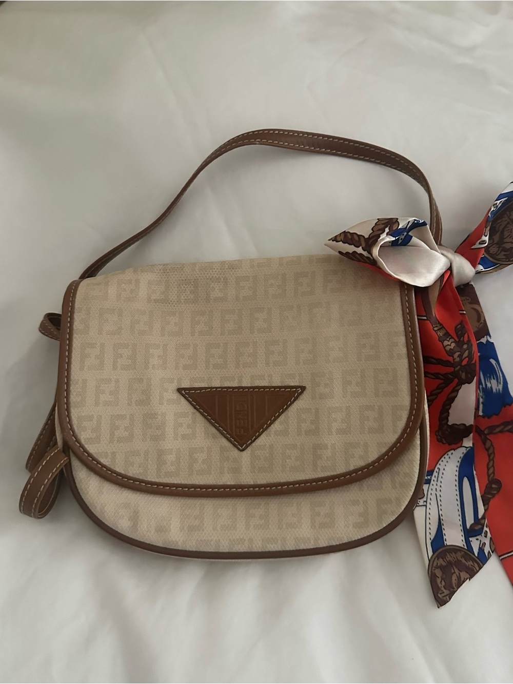 Fendi Beige Monogram Shoulder Bag with Brown Trim with COA,and unbranded Twilly